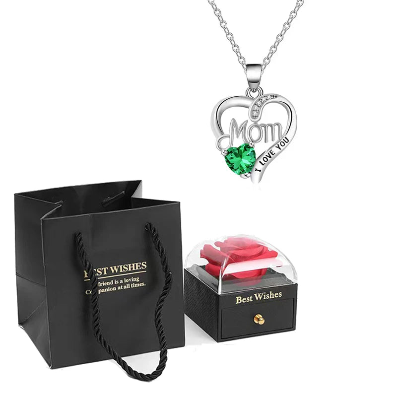 Birthstone Heart Pendant Necklace for Women with Rose Gift Box Stainless Steel Chain Fashion Jewelry Birthday Mom Christmas
