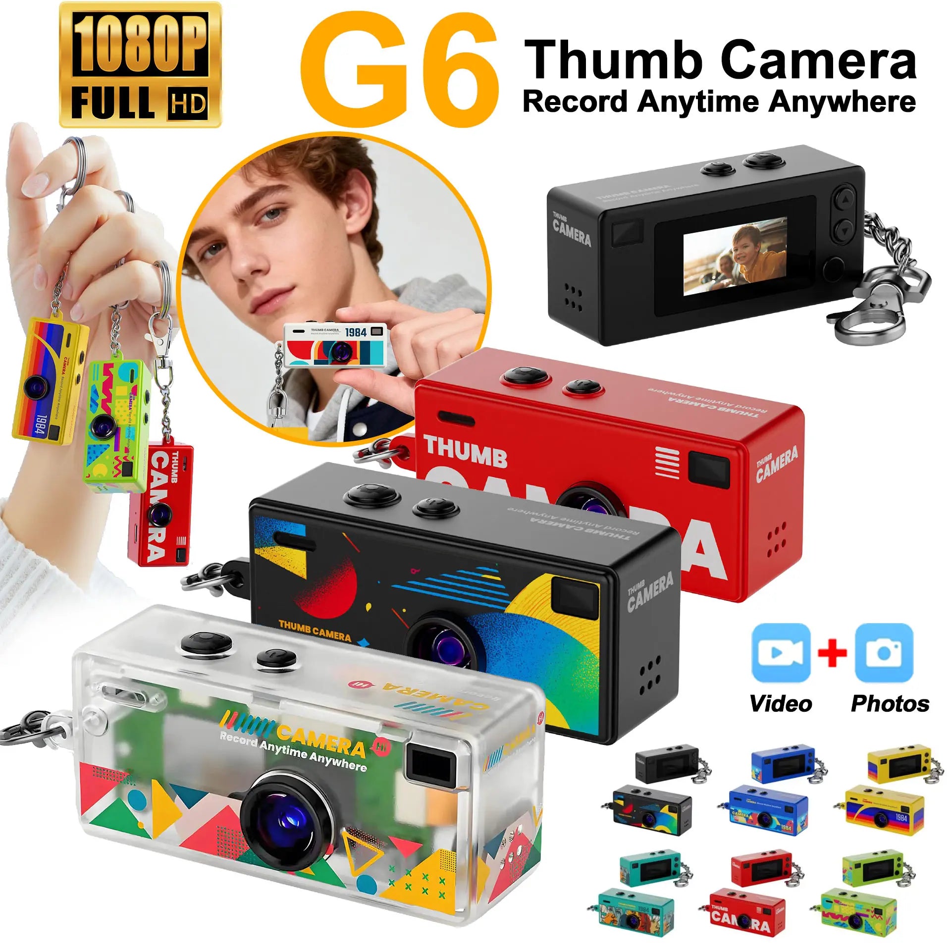 G6 Retro Mini Keychain Thumb Camera 1080P HD Recorder Built-In Flash Auto Focus 130° Wide Angle Lens LCD Screen Portable Camera