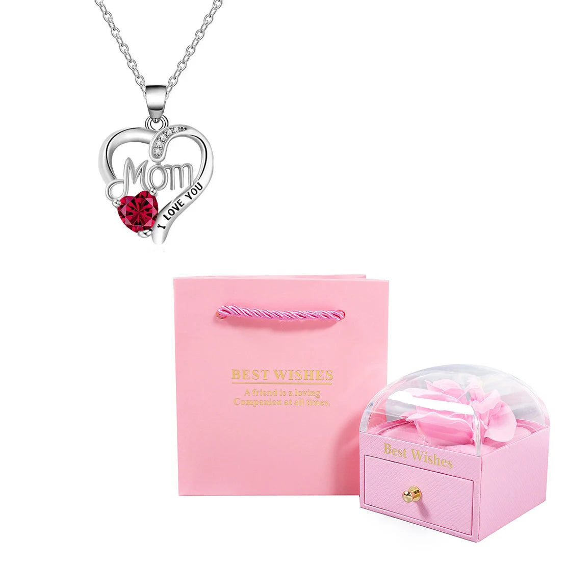 Birthstone Heart Pendant Necklace for Women with Rose Gift Box Stainless Steel Chain Fashion Jewelry Birthday Mom Christmas