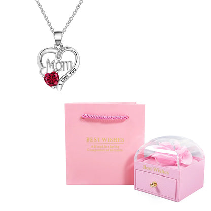 Birthstone Heart Pendant Necklace for Women with Rose Gift Box Stainless Steel Chain Fashion Jewelry Birthday Mom Christmas