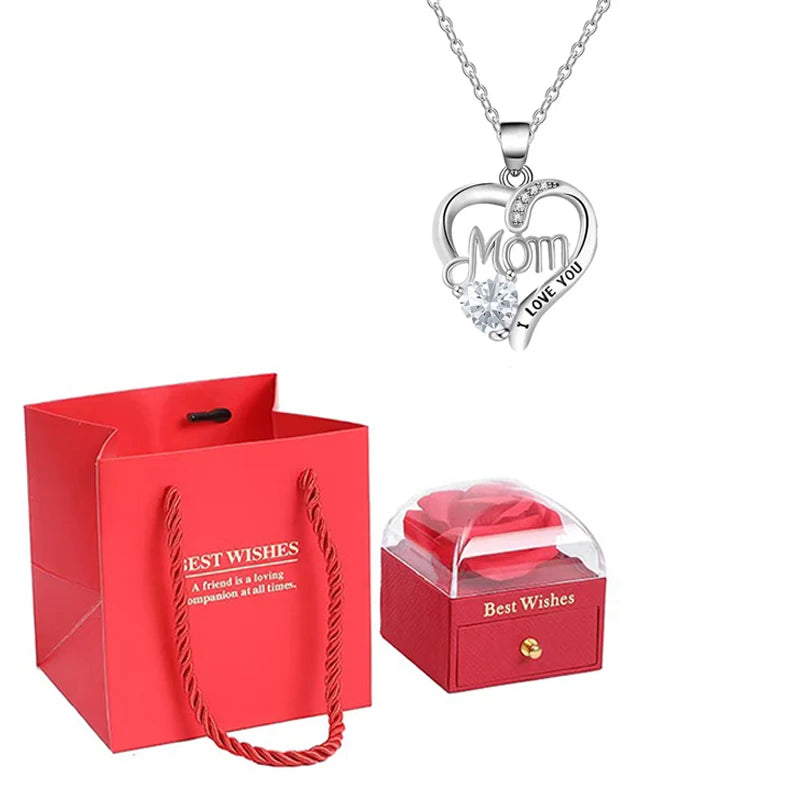 Birthstone Heart Pendant Necklace for Women with Rose Gift Box Stainless Steel Chain Fashion Jewelry Birthday Mom Christmas
