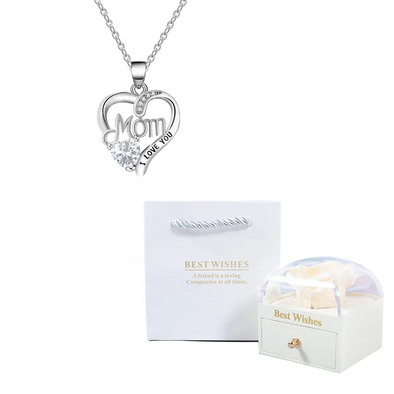 Birthstone Heart Pendant Necklace for Women with Rose Gift Box Stainless Steel Chain Fashion Jewelry Birthday Mom Christmas