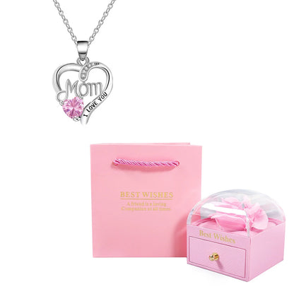 Birthstone Heart Pendant Necklace for Women with Rose Gift Box Stainless Steel Chain Fashion Jewelry Birthday Mom Christmas