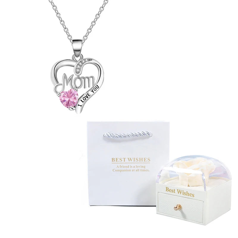 Birthstone Heart Pendant Necklace for Women with Rose Gift Box Stainless Steel Chain Fashion Jewelry Birthday Mom Christmas