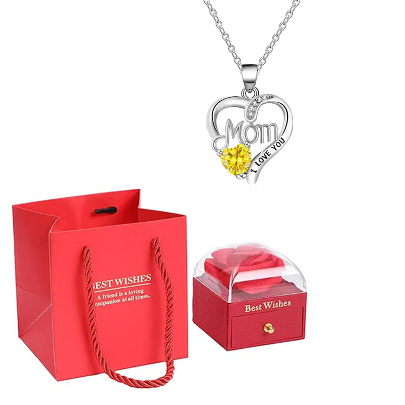 Birthstone Heart Pendant Necklace for Women with Rose Gift Box Stainless Steel Chain Fashion Jewelry Birthday Mom Christmas