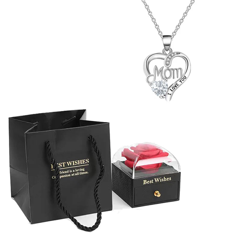 Birthstone Heart Pendant Necklace for Women with Rose Gift Box Stainless Steel Chain Fashion Jewelry Birthday Mom Christmas