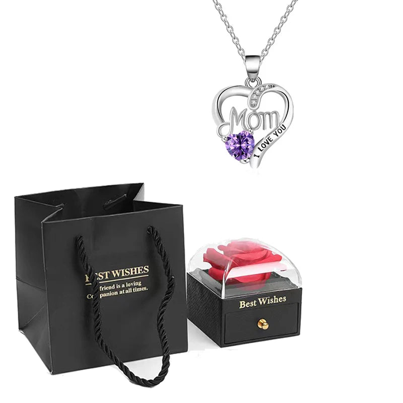 Birthstone Heart Pendant Necklace for Women with Rose Gift Box Stainless Steel Chain Fashion Jewelry Birthday Mom Christmas