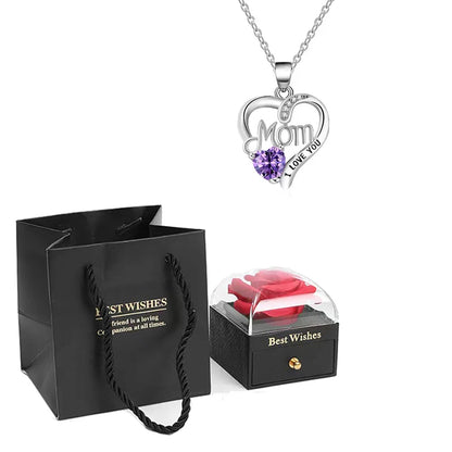 Birthstone Heart Pendant Necklace for Women with Rose Gift Box Stainless Steel Chain Fashion Jewelry Birthday Mom Christmas