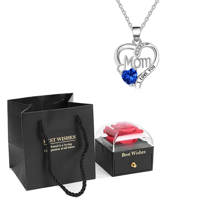 Birthstone Heart Pendant Necklace for Women with Rose Gift Box Stainless Steel Chain Fashion Jewelry Birthday Mom Christmas